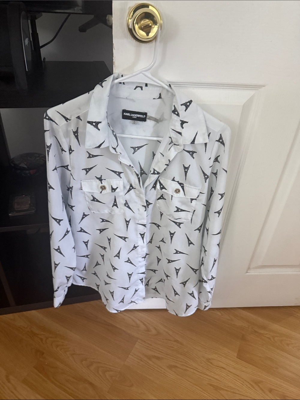 Karl Lagerfeld White Button-Down Shirt with Black Eiffel Tower Print
